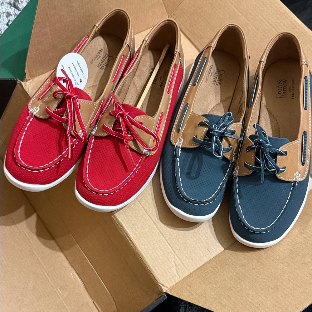 Two NEW pairs of Croft & Barrow women’s  Red and Navy Boat Shoes size 8